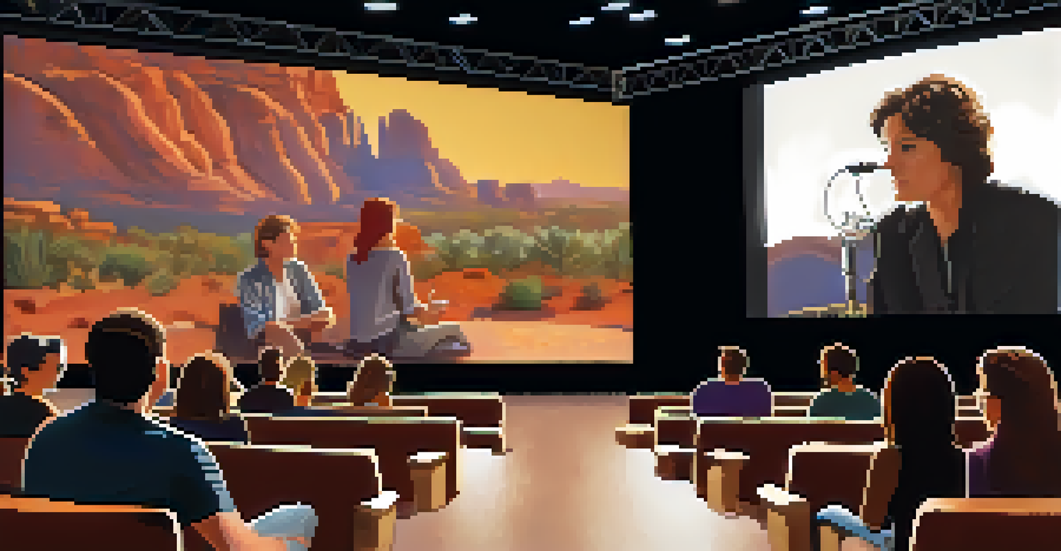 A filmmaker presenting during a Q&A session at the Sedona Film Festival, with an attentive audience and a film still displayed on screen.