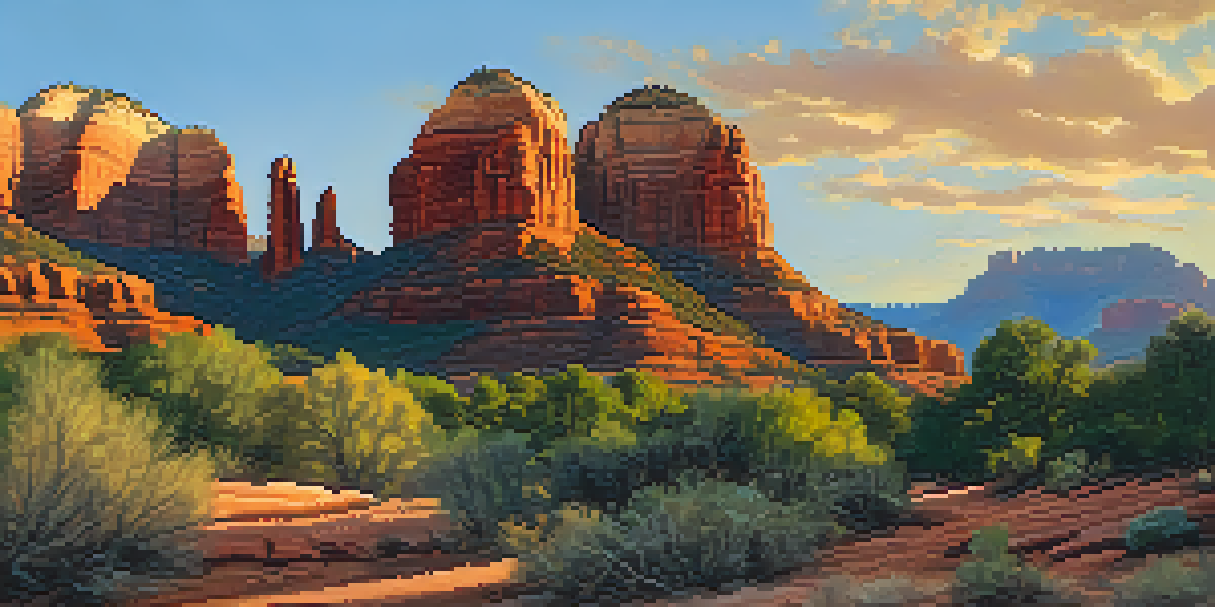 Early morning view of Sedona's red rock formations illuminated by golden hour light, with shadows and warm hues enhancing the textures.