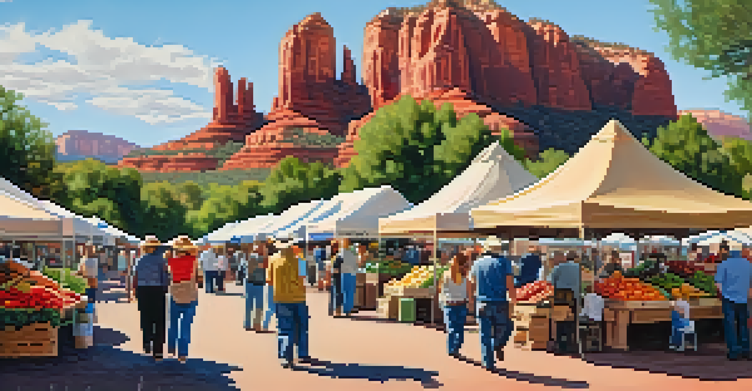A lively farmers' market in Sedona with fresh produce and people enjoying healthy food, set against the backdrop of red rock formations.