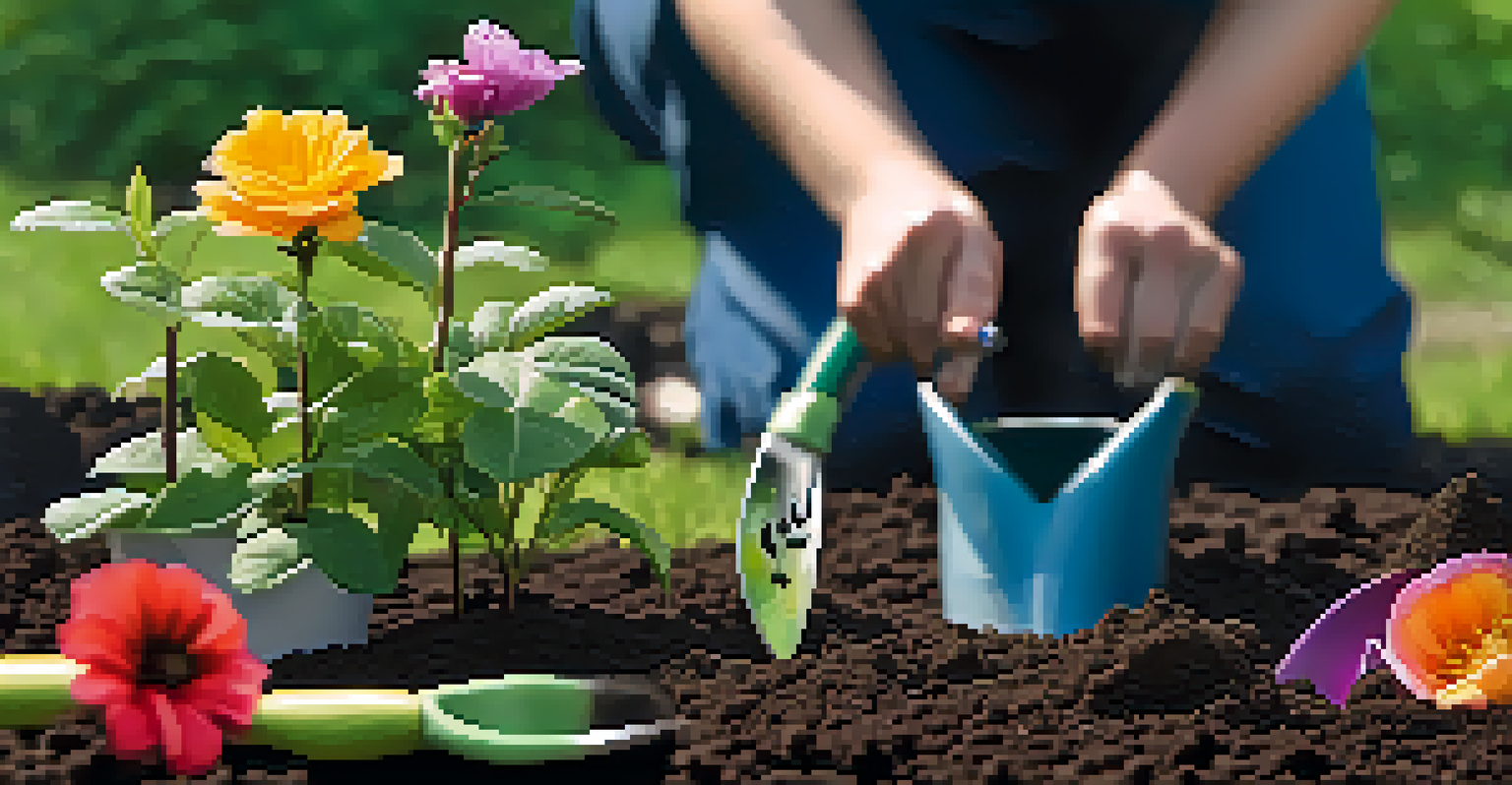 A close-up of hands planting a sapling in soil, surrounded by gardening tools and colorful flowers in the background.