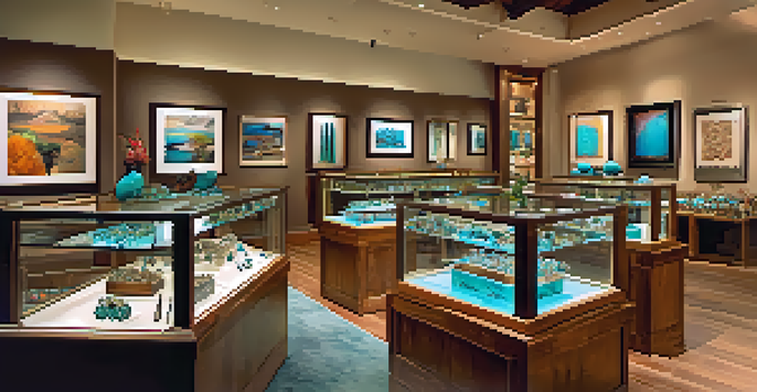 A colorful jewelry shop in Sedona filled with handcrafted jewelry, including turquoise and silver pieces, illuminated by natural light.