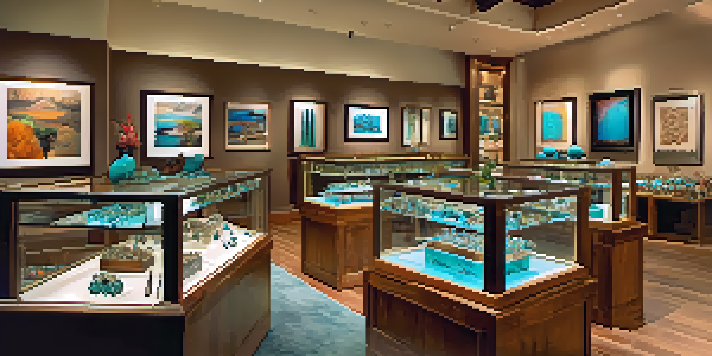 A colorful jewelry shop in Sedona filled with handcrafted jewelry, including turquoise and silver pieces, illuminated by natural light.