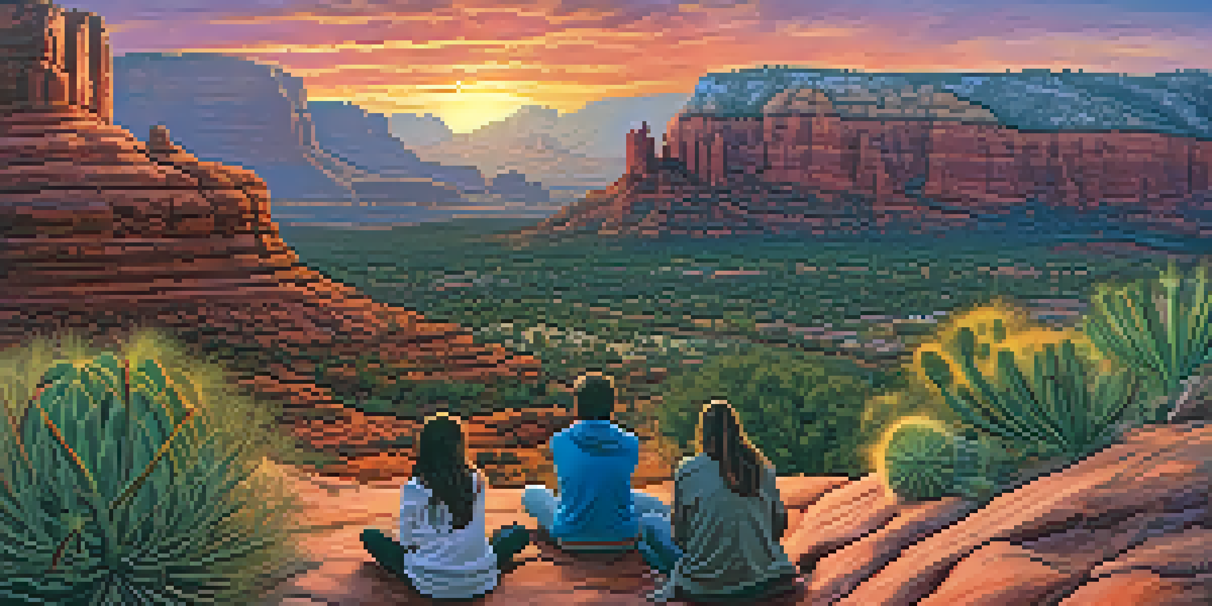 A sunset view of Sedona's red rock formations, featuring a Native American elder storytelling to children amidst sagebrush and cacti.
