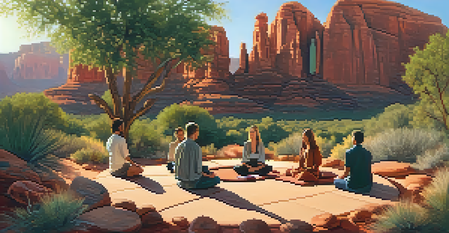 A meditation circle with participants seated on cushions, surrounded by candles and natural elements, against red rock cliffs and filtered sunlight.