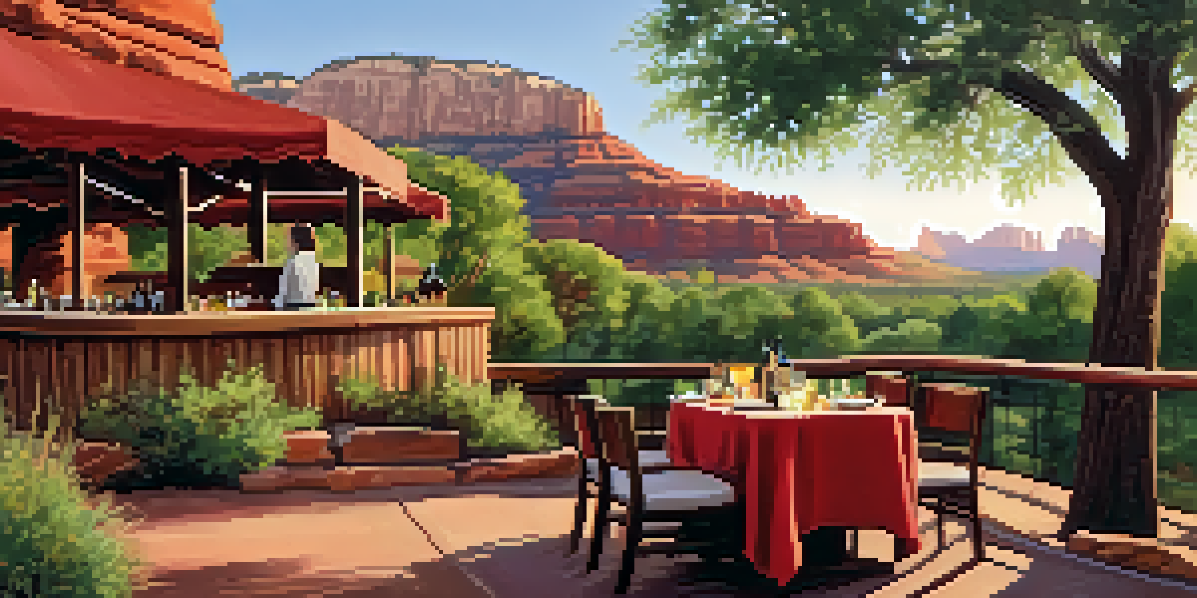 An outdoor dining setup with a wooden table, comfort food, and red rock formations in the background during sunset.