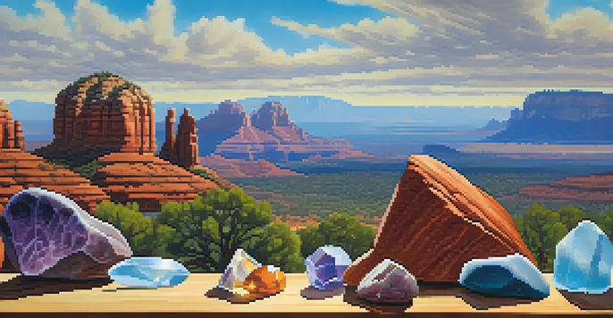 A peaceful view of red rock formations in Sedona with colorful healing crystals on a wooden table.