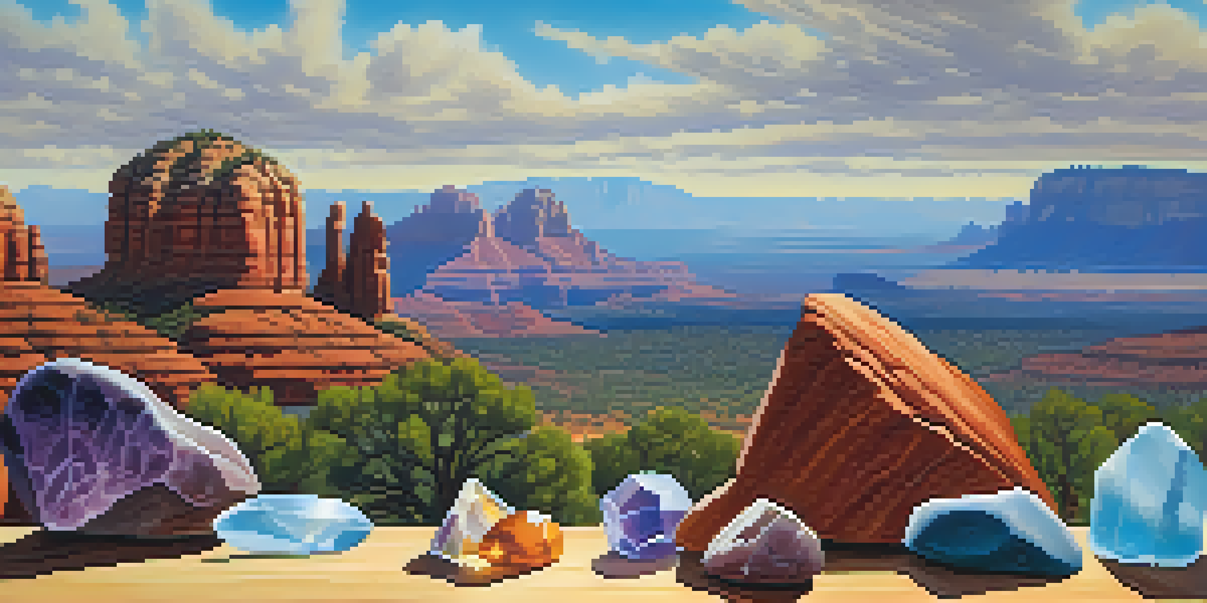 A peaceful view of red rock formations in Sedona with colorful healing crystals on a wooden table.