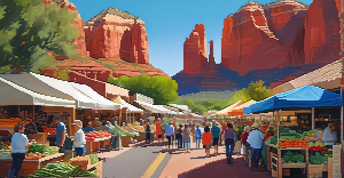 A bustling local market in Sedona with colorful stalls of fruits, vegetables, and flowers, set against red rock formations.
