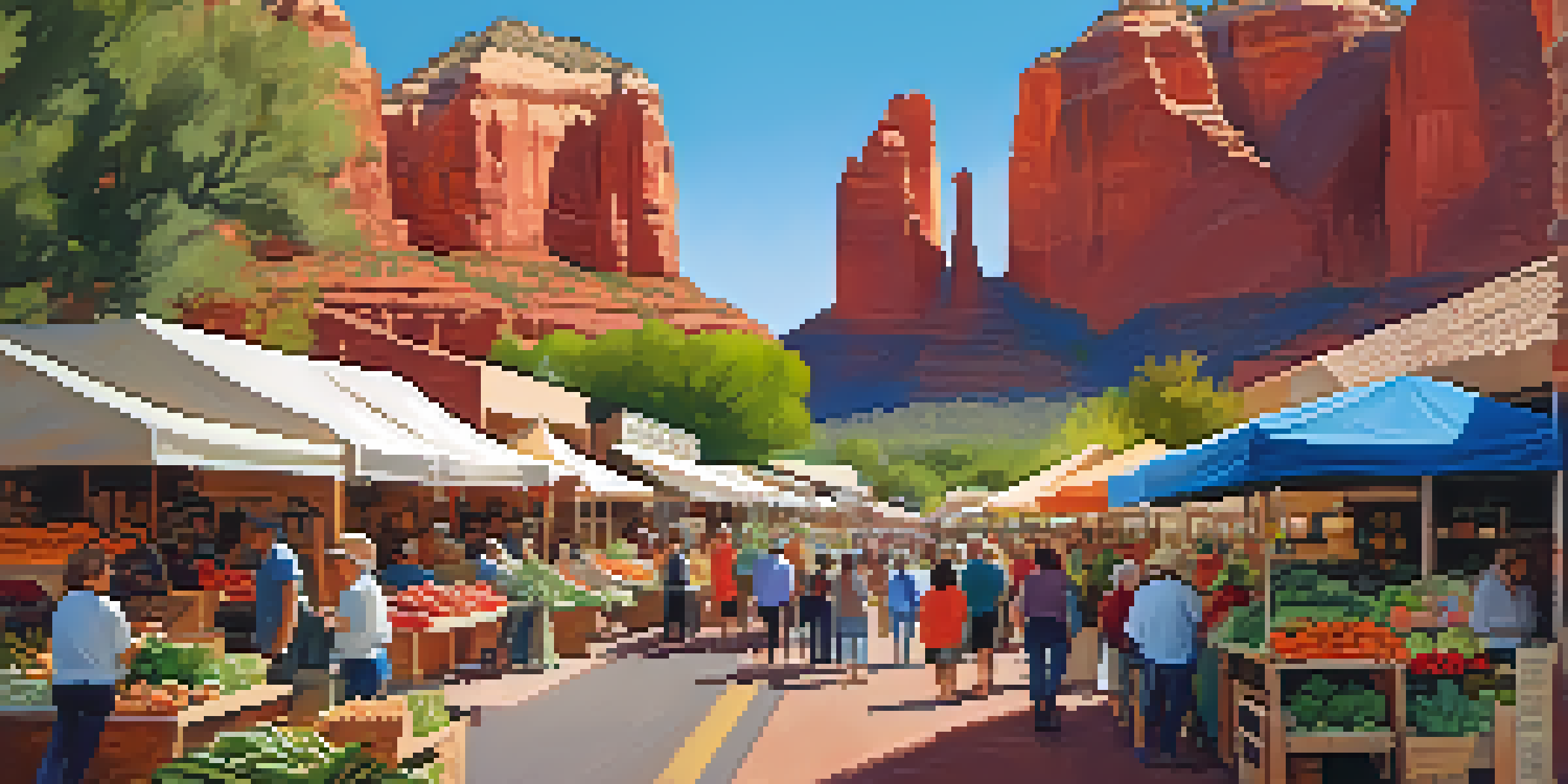 A bustling local market in Sedona with colorful stalls of fruits, vegetables, and flowers, set against red rock formations.