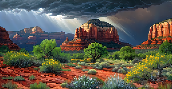 A wide view of Sedona's red rocks with storm clouds and rays of sunlight, surrounded by vibrant flowers and greenery.