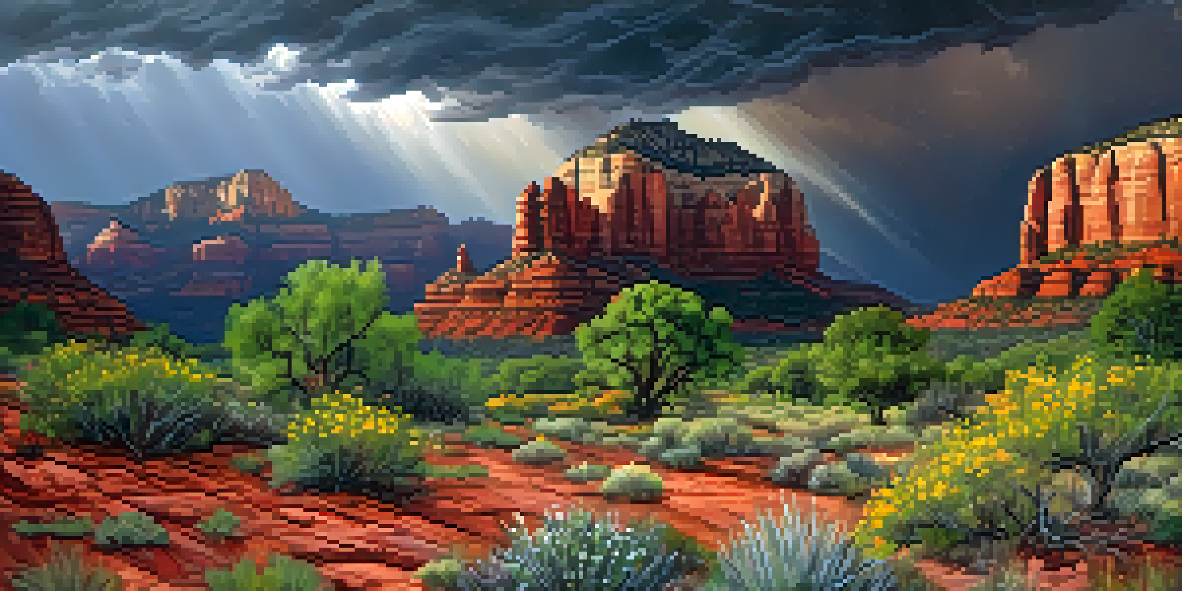 A wide view of Sedona's red rocks with storm clouds and rays of sunlight, surrounded by vibrant flowers and greenery.