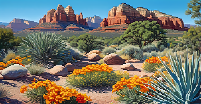 A colorful xeriscape garden featuring drought-resistant plants and gravel paths, set against a sunny Sedona landscape.