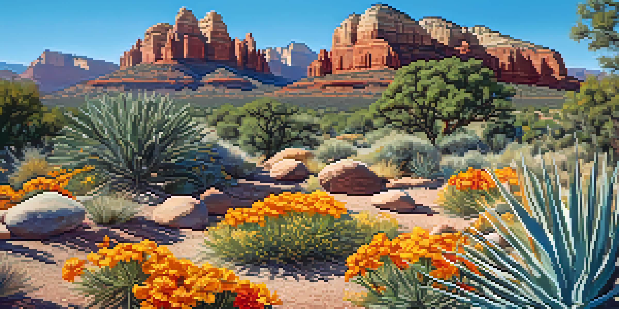 A colorful xeriscape garden featuring drought-resistant plants and gravel paths, set against a sunny Sedona landscape.