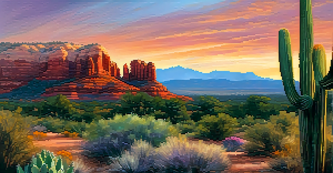 A scenic sunset view of Sedona's red rock formations with an art gallery in the foreground displaying colorful paintings and surrounded by desert plants.