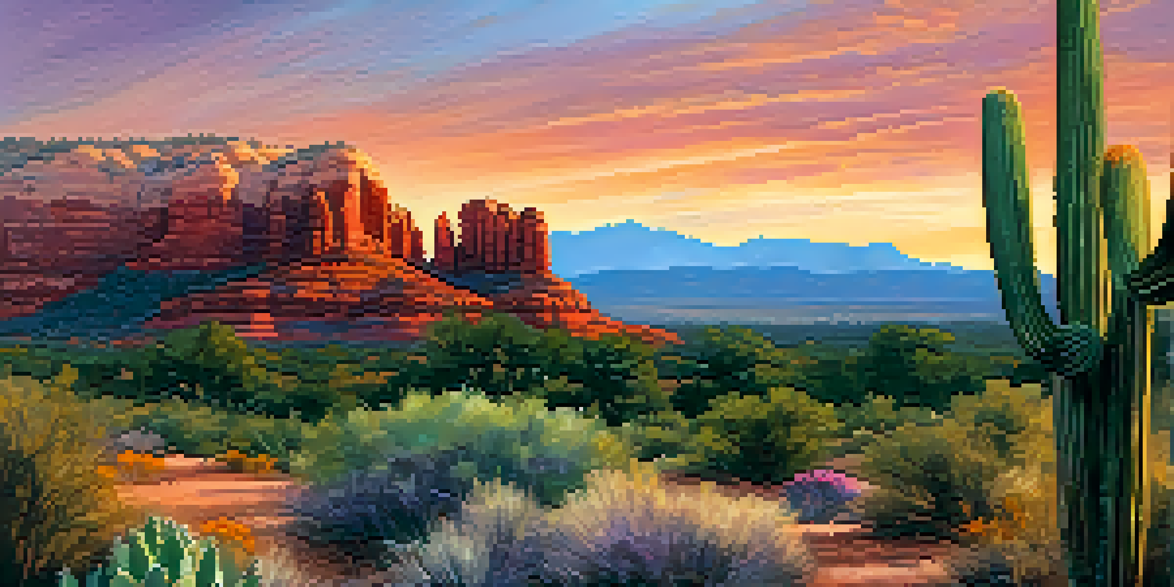 A scenic sunset view of Sedona's red rock formations with an art gallery in the foreground displaying colorful paintings and surrounded by desert plants.