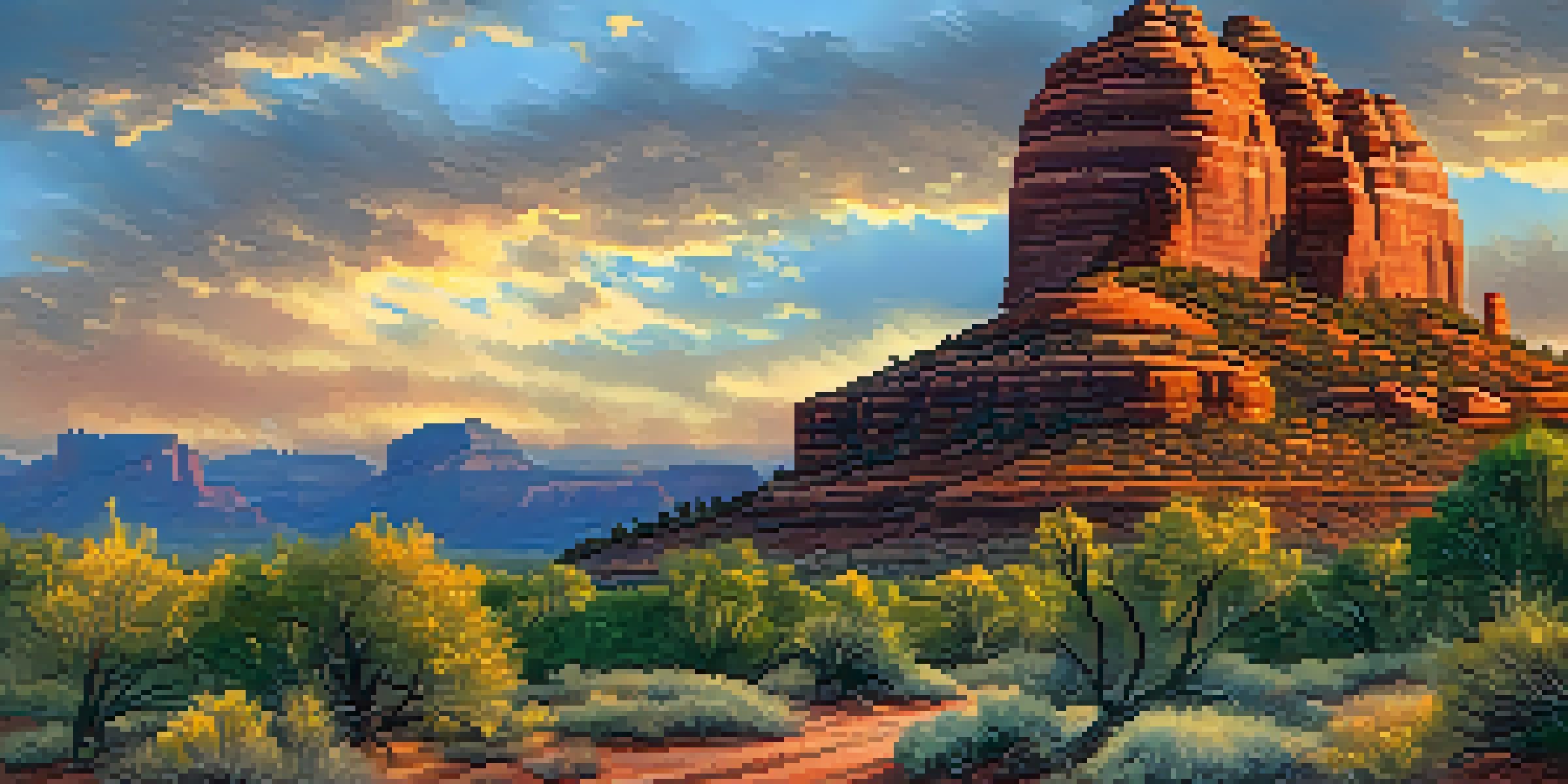 A stunning sunrise over Bell Rock, with warm colors illuminating the iconic bell-shaped formation and a winding trail in the foreground.