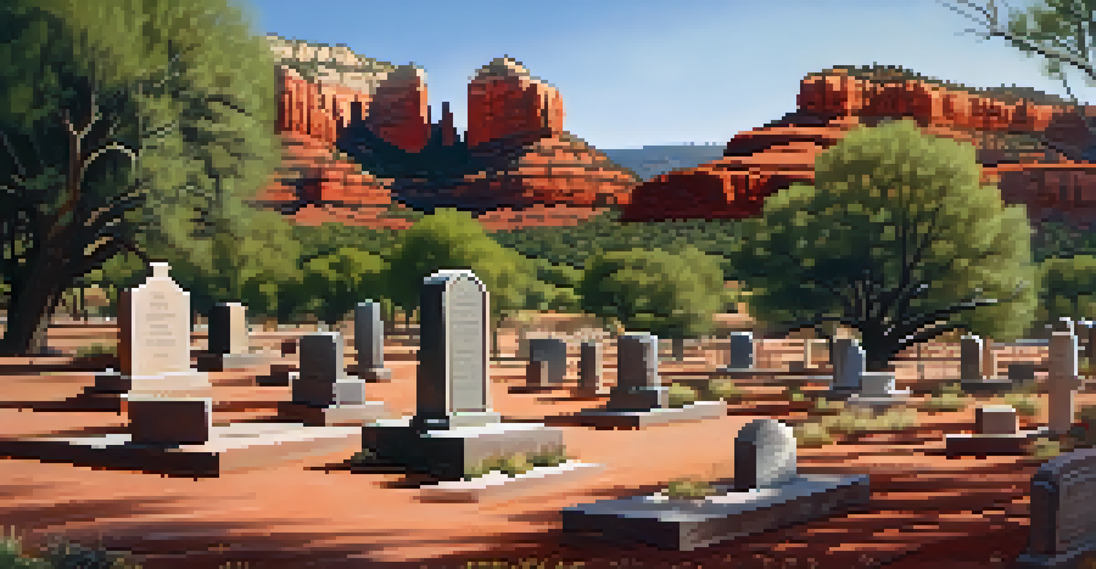 A tranquil view of the Sedona Cemetery with old gravestones and red rock hills in the background, illuminated by soft sunlight filtering through trees.