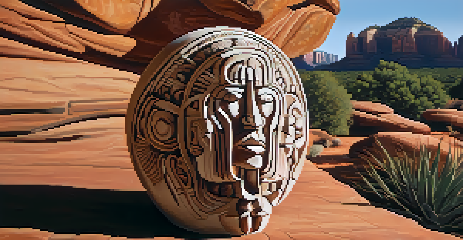 An intricately carved stone sculpture by Ken Rowe, featuring Native American motifs, with Sedona's canyons in the background.