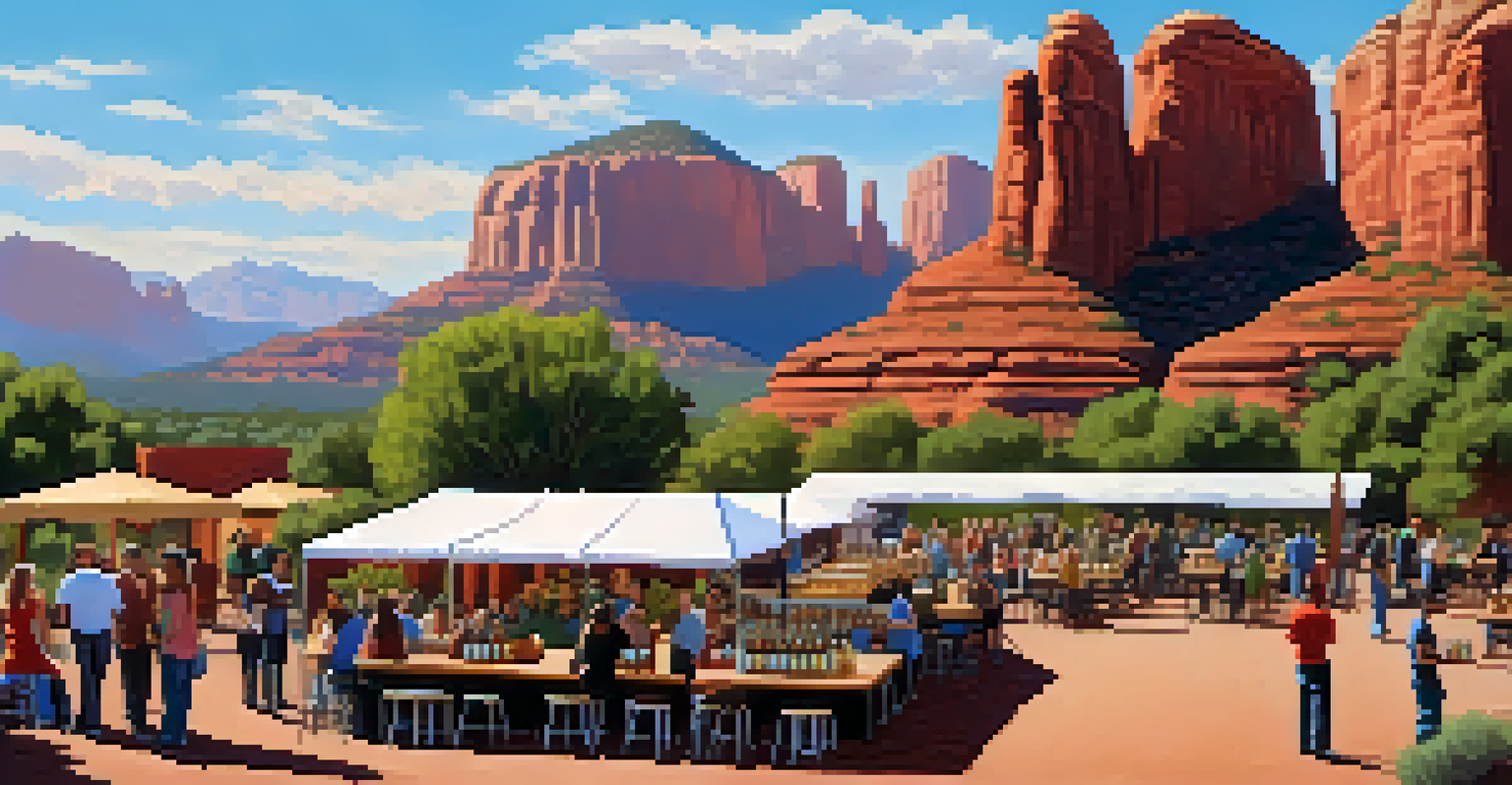 Outdoor beer tasting event at a Sedona brewery with patrons sampling craft beers and food trucks in the background amidst red rock scenery.