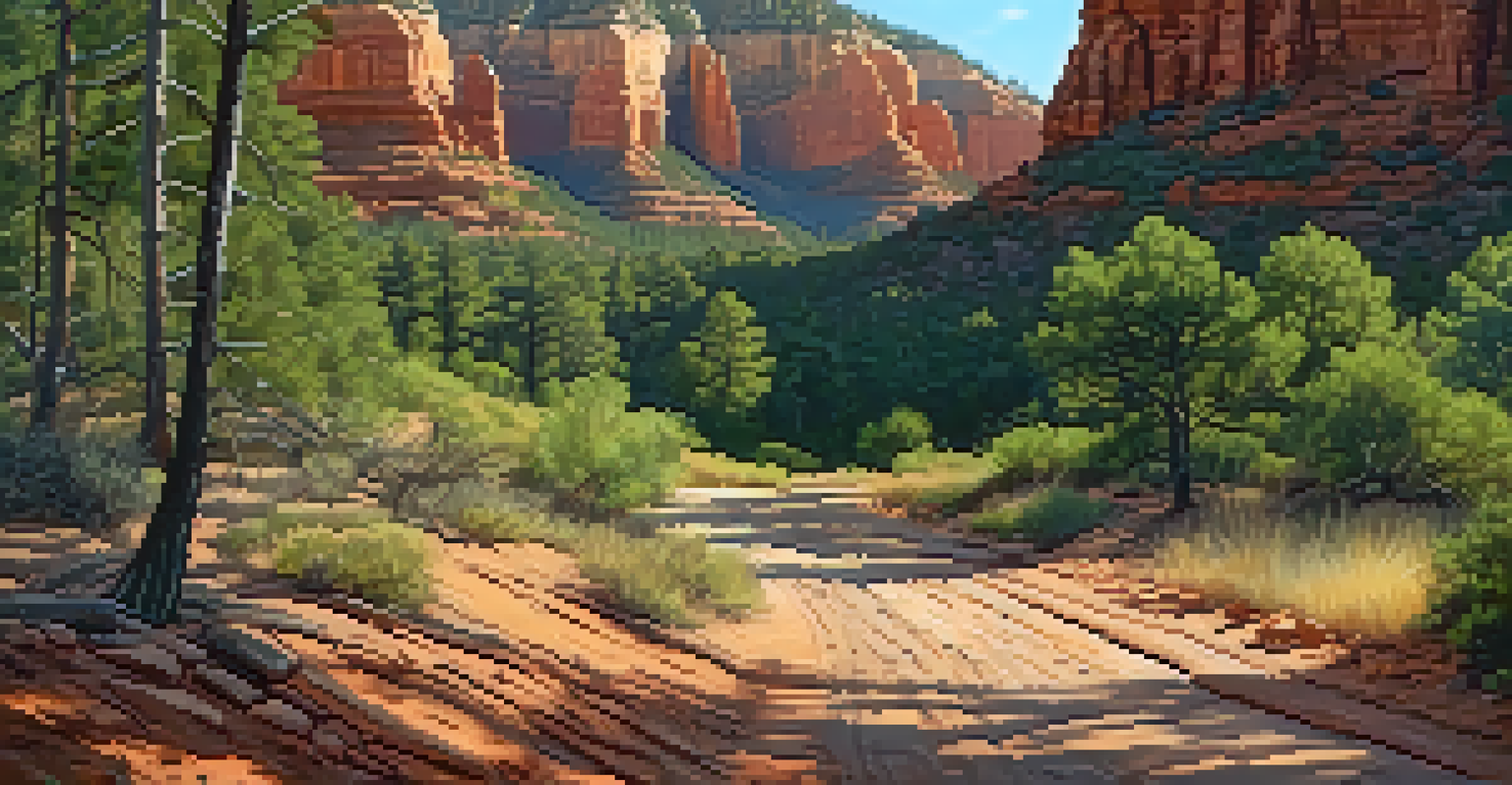 A peaceful hiking trail in a pine forest with red cliffs visible in the distance.
