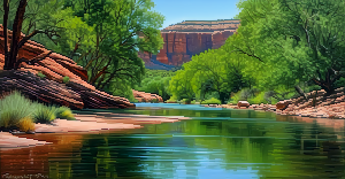 A peaceful river scene featuring the Verde River with red rock formations and green trees, under a clear blue sky.