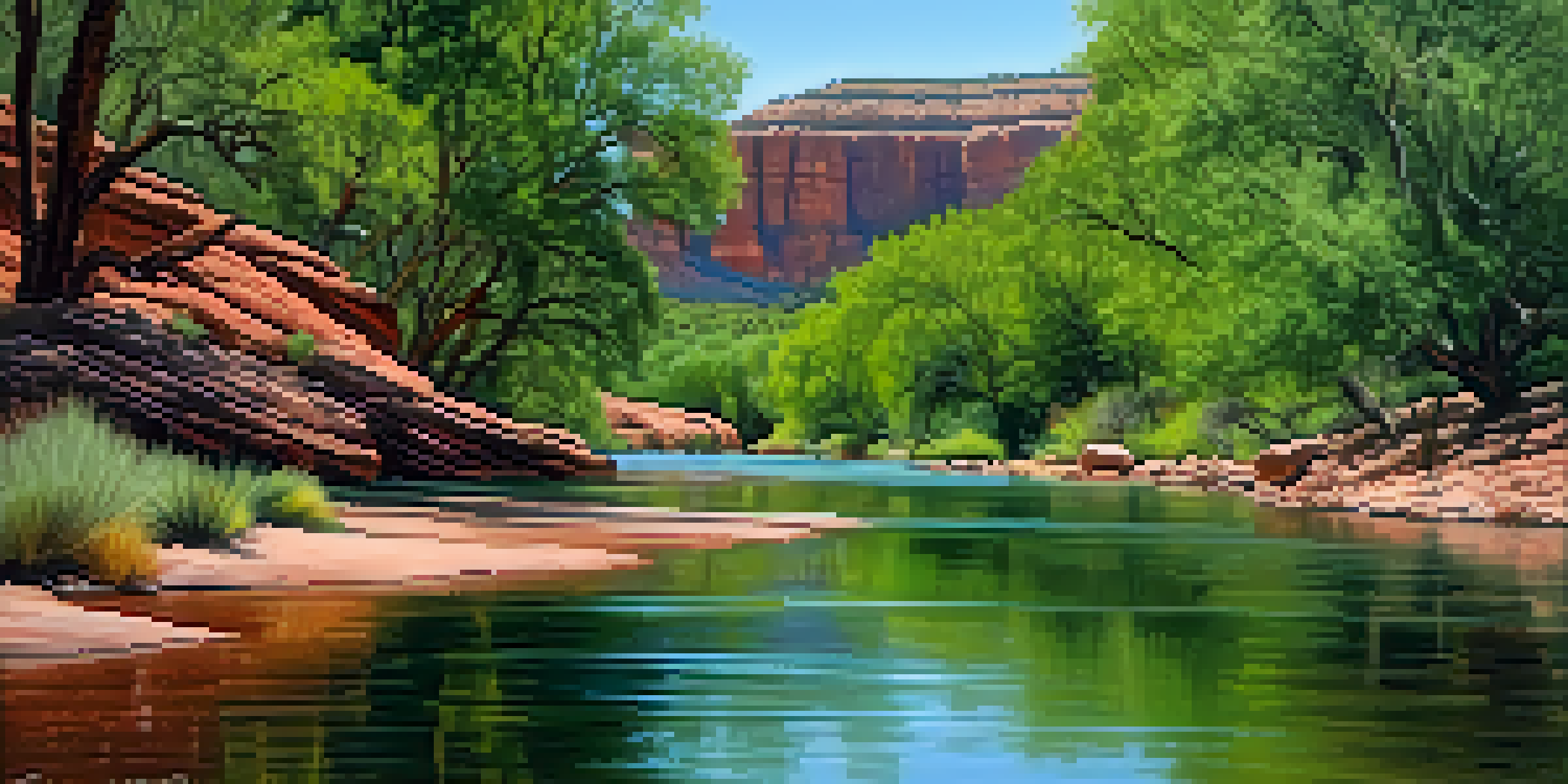 A peaceful river scene featuring the Verde River with red rock formations and green trees, under a clear blue sky.