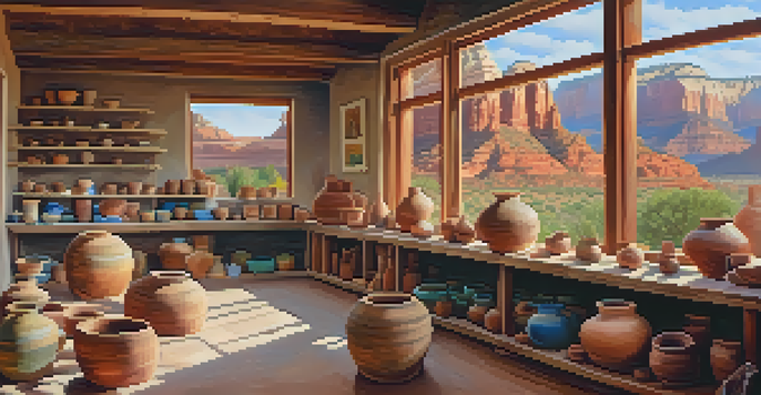 A pottery workshop with artists shaping clay in a studio with views of red rock formations, illuminated by natural light.
