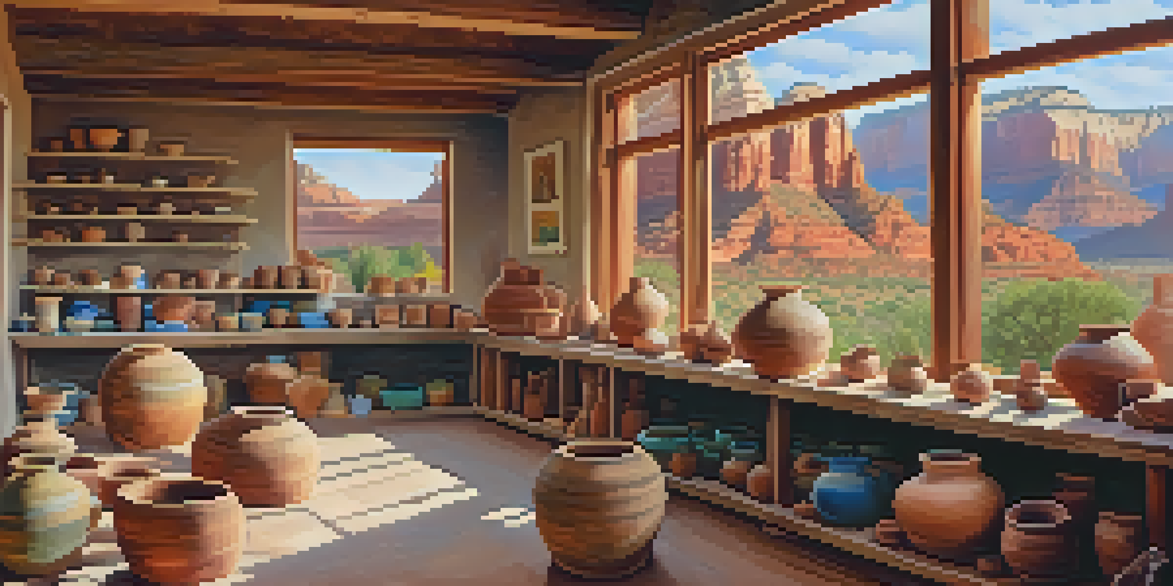 A pottery workshop with artists shaping clay in a studio with views of red rock formations, illuminated by natural light.