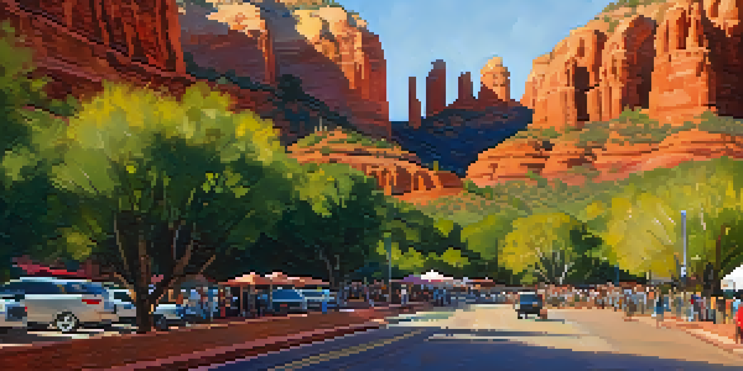 A vibrant outdoor screening area at the Sedona Film Festival, with red rock formations in the background and film enthusiasts enjoying the event under warm golden sunlight.
