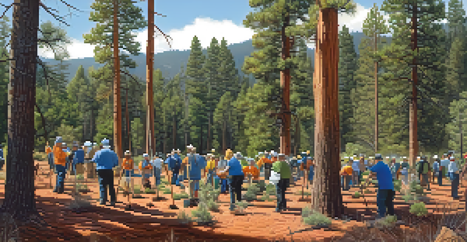 Volunteers planting trees in a Sedona forest, surrounded by pine trees and a bright sky, emphasizing community engagement.