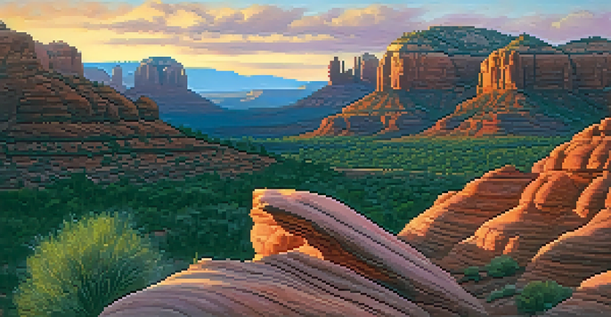 A scenic sunset view of Sedona's red rock formations with a shadowy figure on a distant cliff.