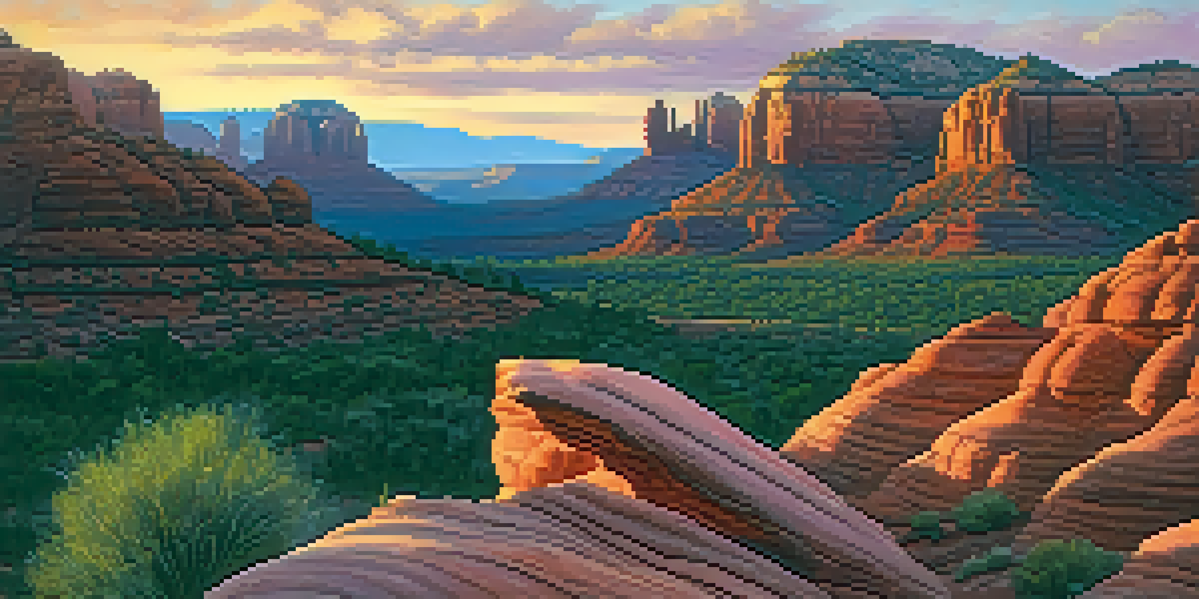A scenic sunset view of Sedona's red rock formations with a shadowy figure on a distant cliff.