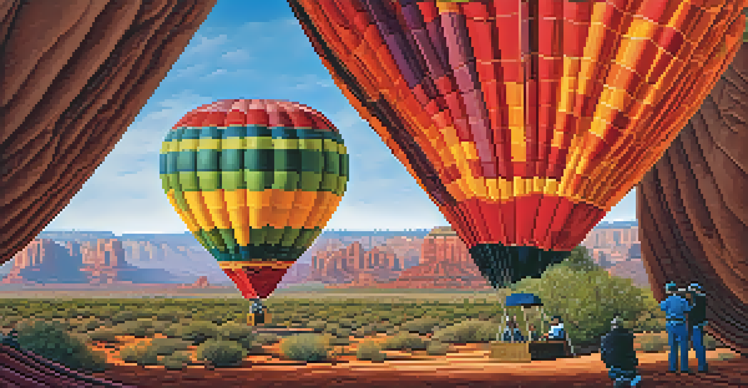 A close-up of a colorful hot air balloon inflating with a crew member preparing in the foreground.