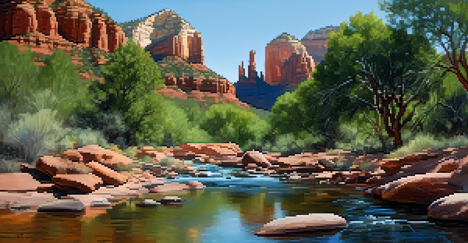 A tranquil creek in Sedona with red rock cliffs and greenery, creating a peaceful scene.