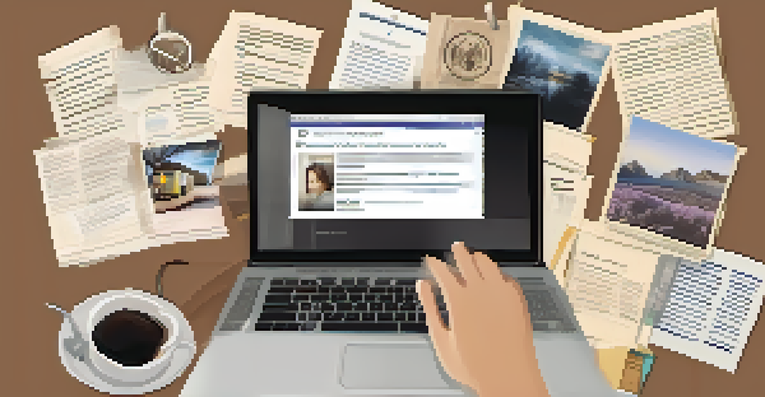 A close-up view of hands on a laptop researching genealogy, with family photos and documents on the table, and a cup of coffee nearby.