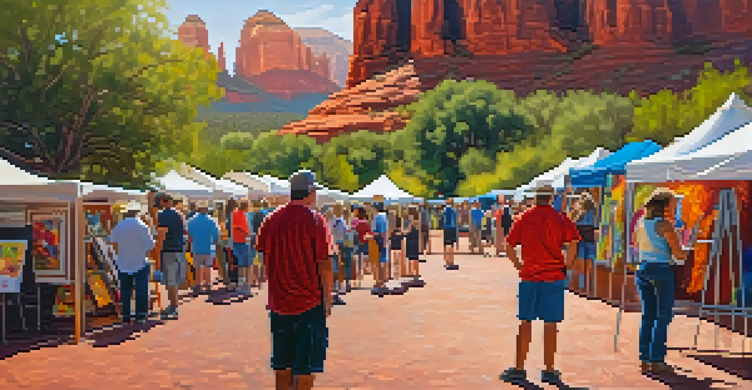 An outdoor art festival in Sedona with artists displaying their works and visitors engaging.
