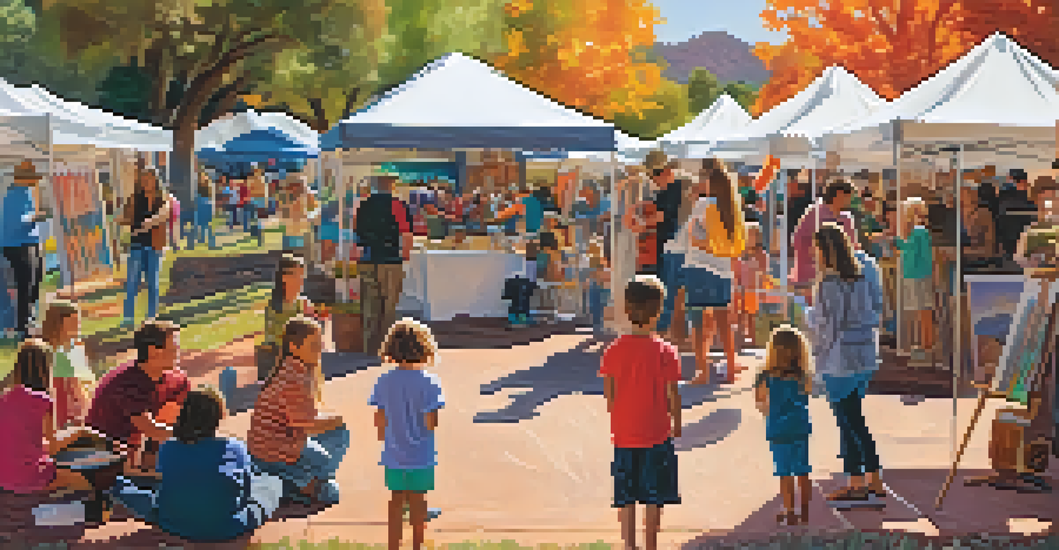 Children participating in art workshops at the Sedona Arts Festival with musicians performing nearby amidst colorful art displays.