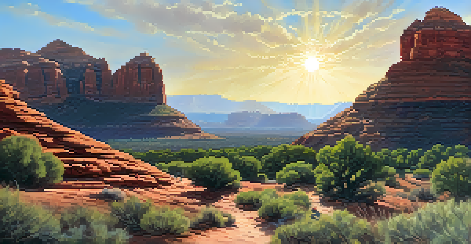 Hikers climbing Bell Rock in Sedona, surrounded by red rocks and a bright blue sky.