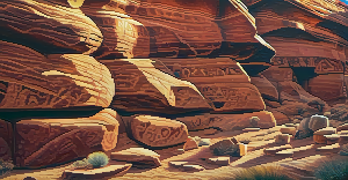 Detailed view of petroglyphs on red rock, featuring animal and spiritual symbols illuminated by warm sunlight.