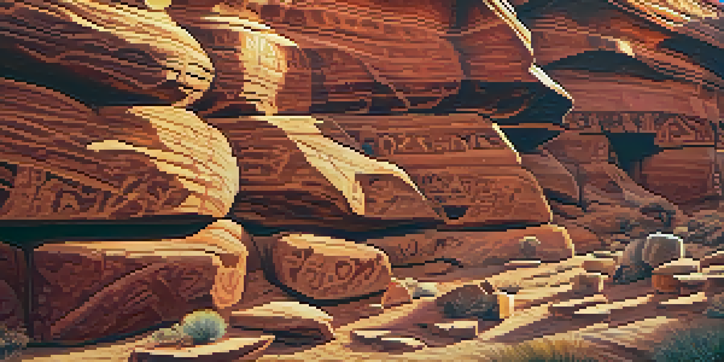Detailed view of petroglyphs on red rock, featuring animal and spiritual symbols illuminated by warm sunlight.