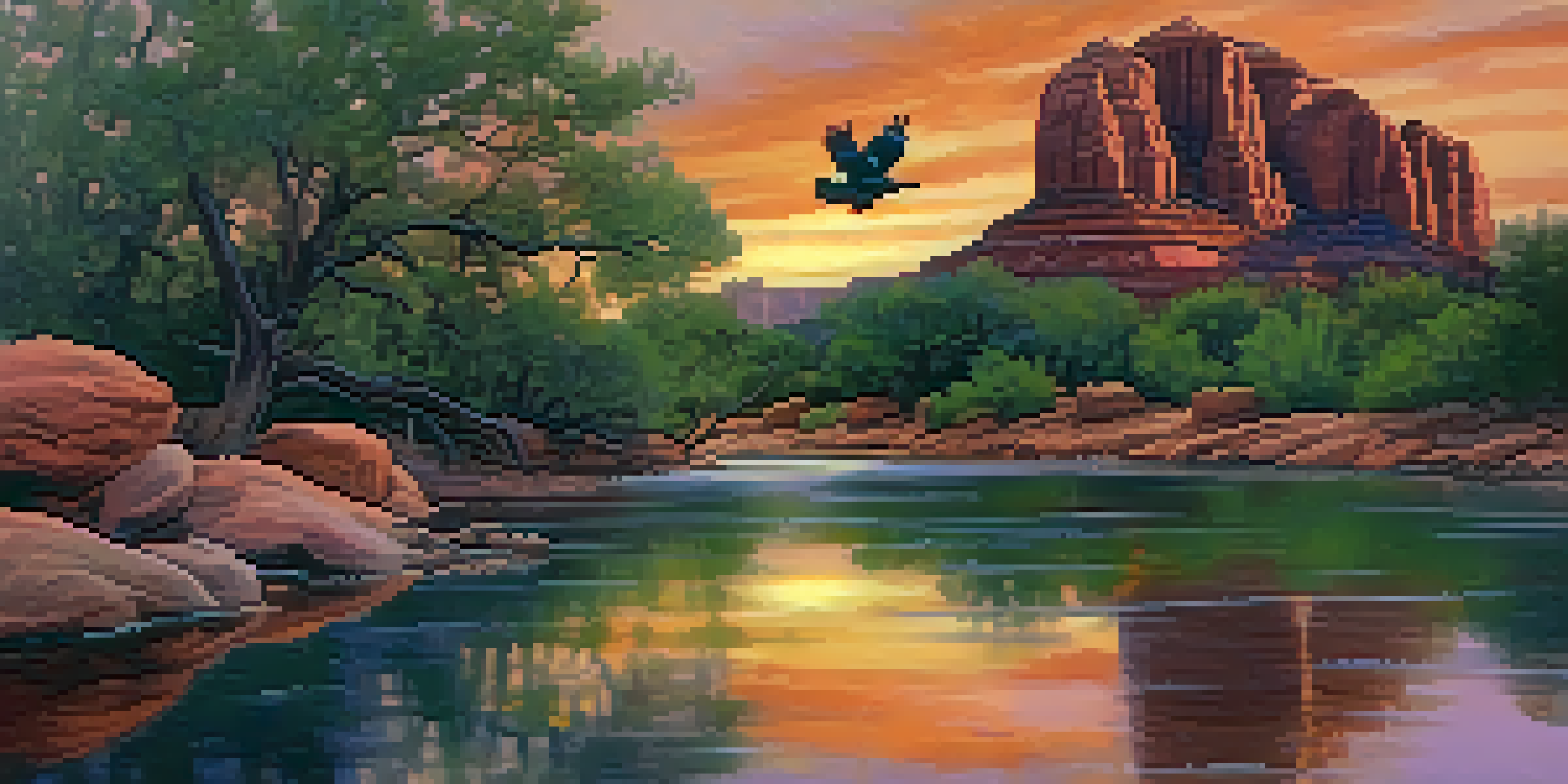 A scenic view of Sedona, Arizona, featuring red rock formations, a sunset sky, and various birds including a Western Tanager and a Red-tailed Hawk.