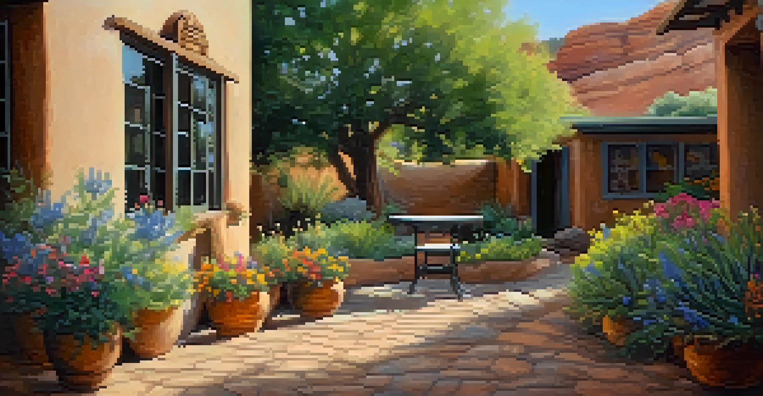 A charming courtyard of a historic inn in Sedona with native plants, colorful flowers, and a cozy seating area.