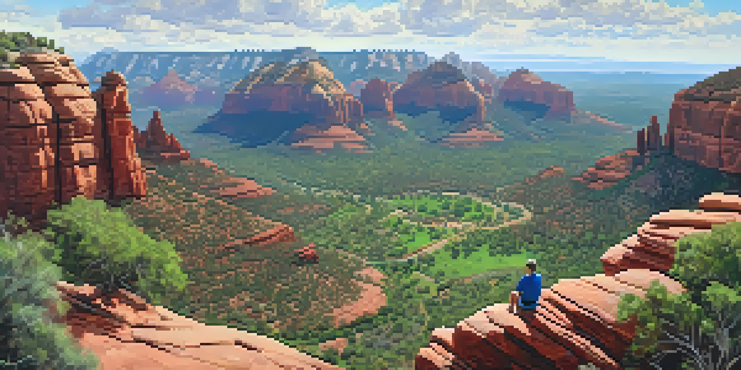 Hikers on a red rock formation with families gathered below, enjoying the landscape.