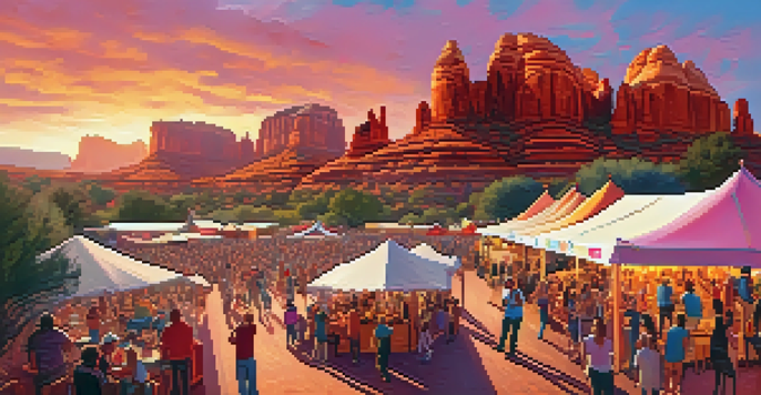 A lively music festival in Sedona with diverse attendees dancing and enjoying live music amidst beautiful red rock formations and colorful tents.