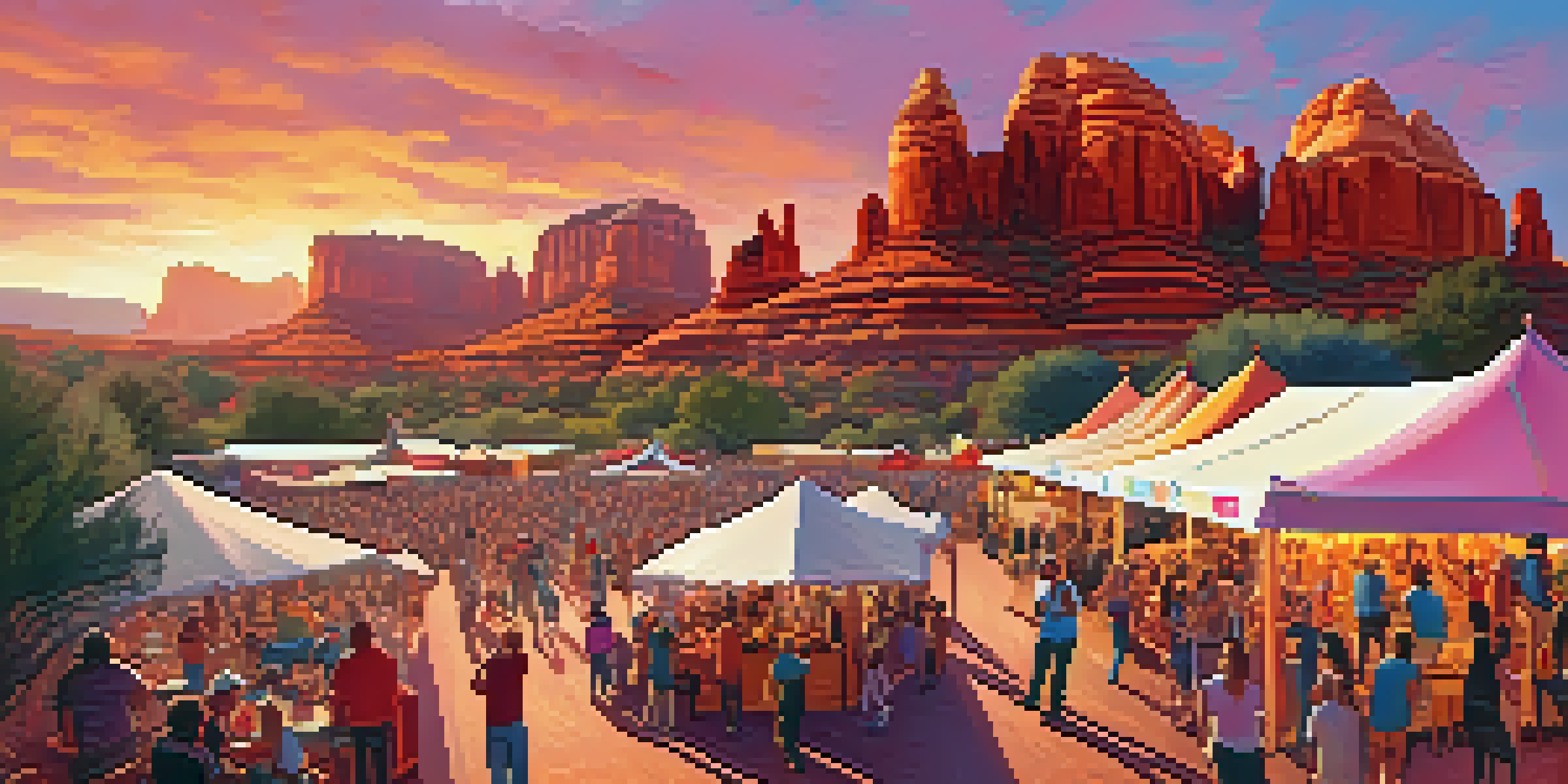 A lively music festival in Sedona with diverse attendees dancing and enjoying live music amidst beautiful red rock formations and colorful tents.