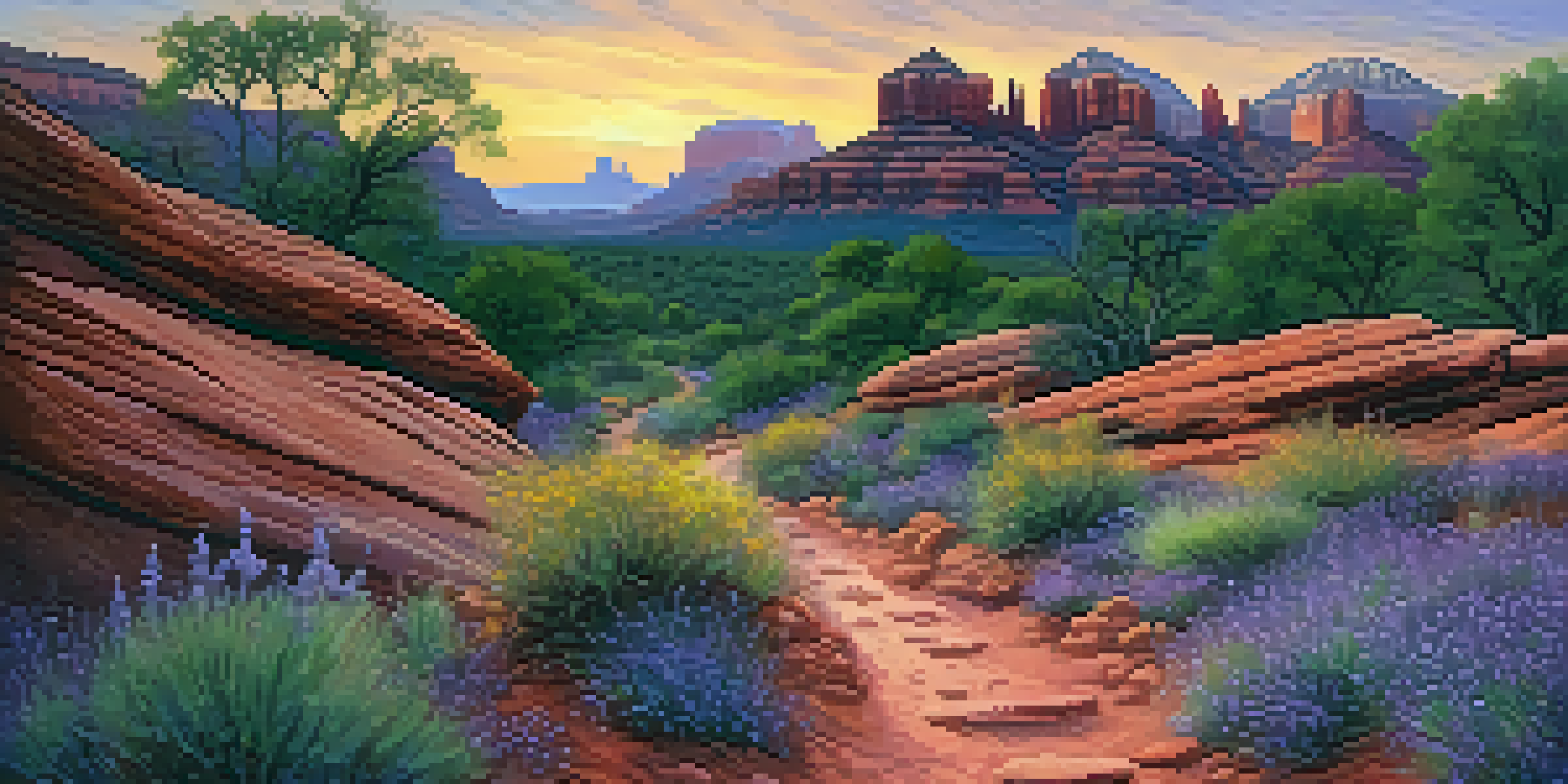 A scenic view of Sedona's red rock formations at sunset with a hiking trail and wildflowers.