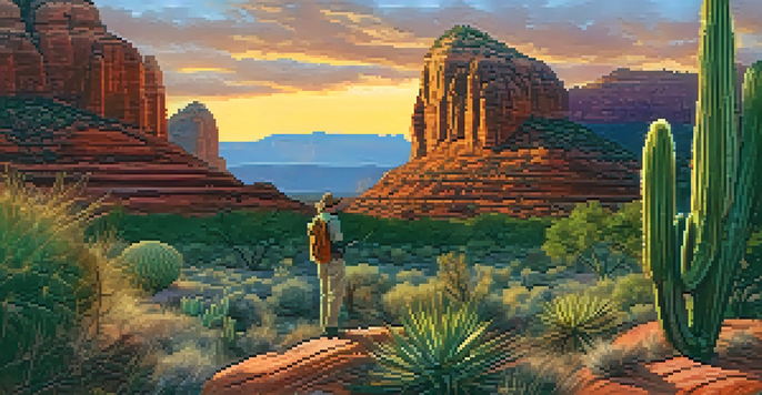 A treasure hunter in Sedona examines an antique map, with red rock formations and a colorful sunset in the background.