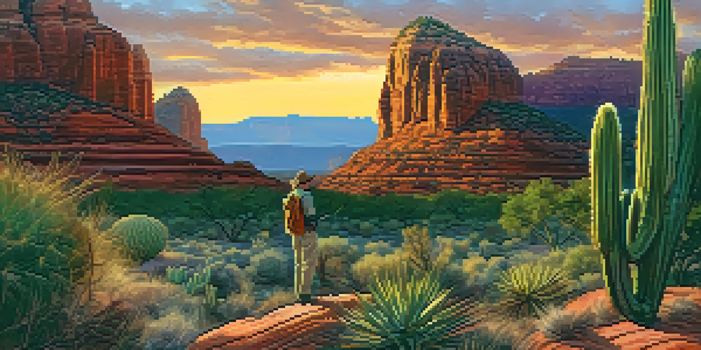A treasure hunter in Sedona examines an antique map, with red rock formations and a colorful sunset in the background.