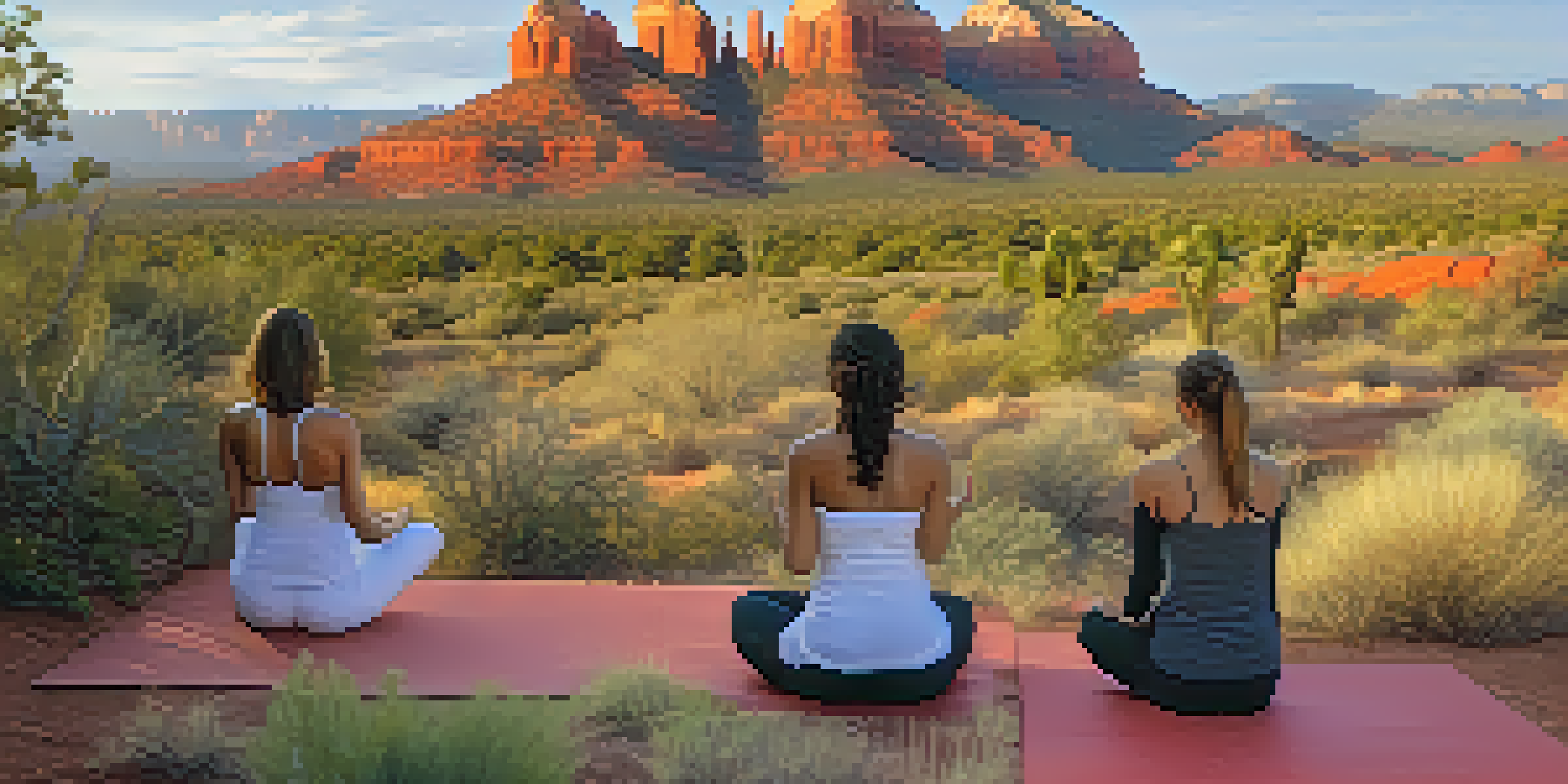 A peaceful outdoor yoga session at sunset in Sedona, featuring red rock formations and desert plants.