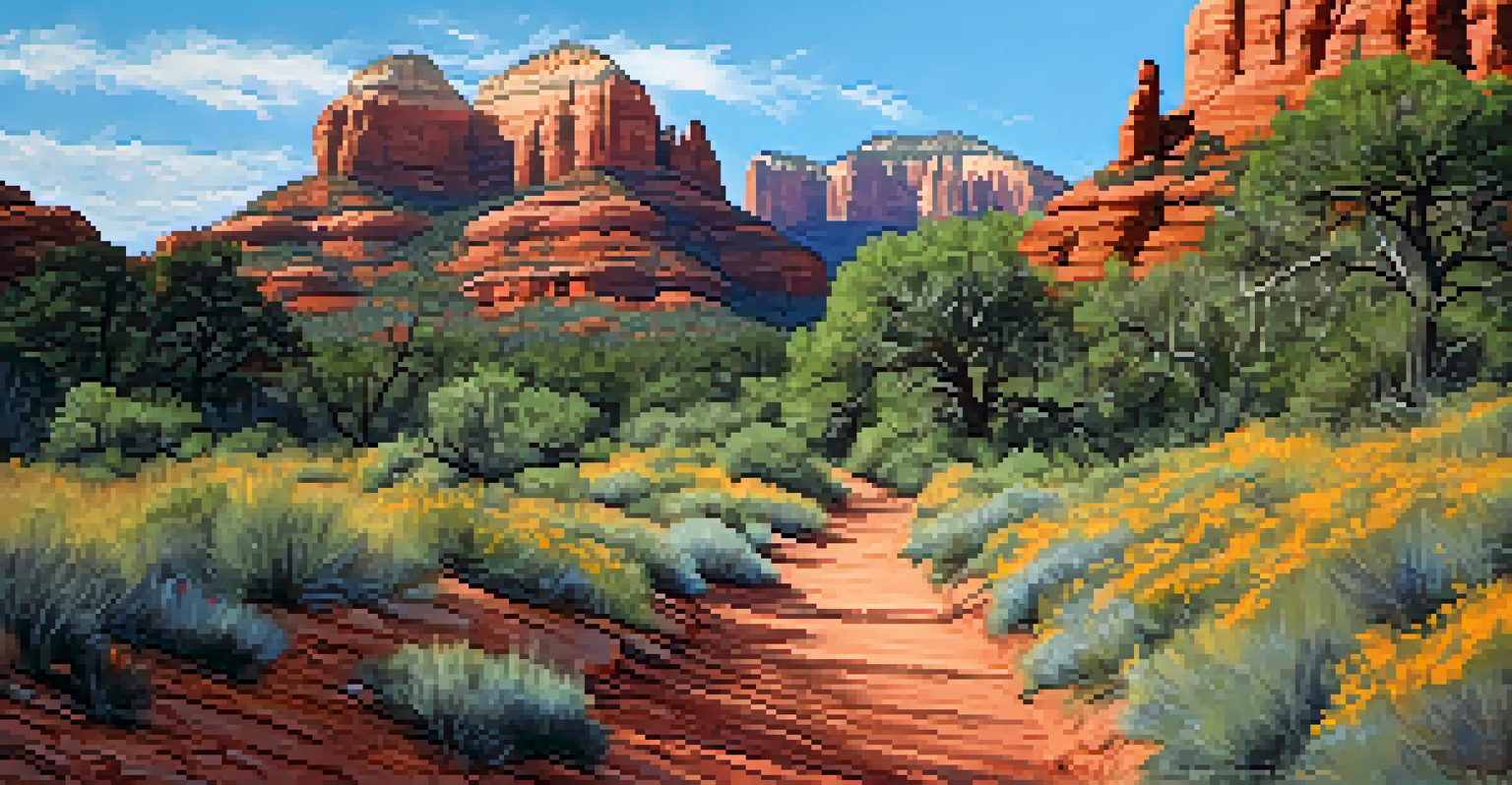 A beautiful hiking trail in Sedona with wildflowers, pine trees, and red rock formations, featuring a person walking along the path.